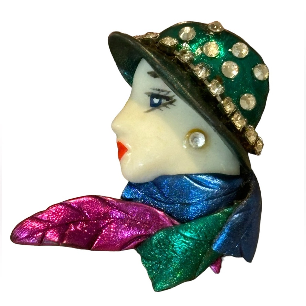 Vintage Lady Woman Face Brooch Pin Flapper Iridescent… Gem
